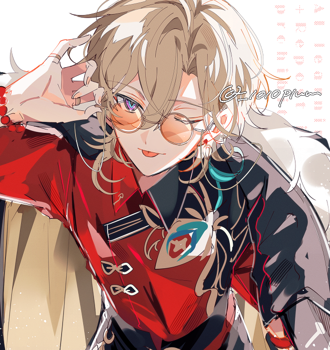 1boy, artist_name, aventurine_(honkai:_star_rail), bead_bracelet, beads, black_coat, blonde_hair, blue_eyes
