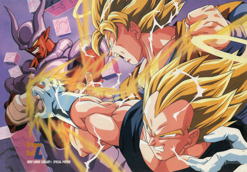 1990s_(style), 3boys, absurdres, aura, blonde_hair, blue_tank_top, blue_wristband, clenched_hand