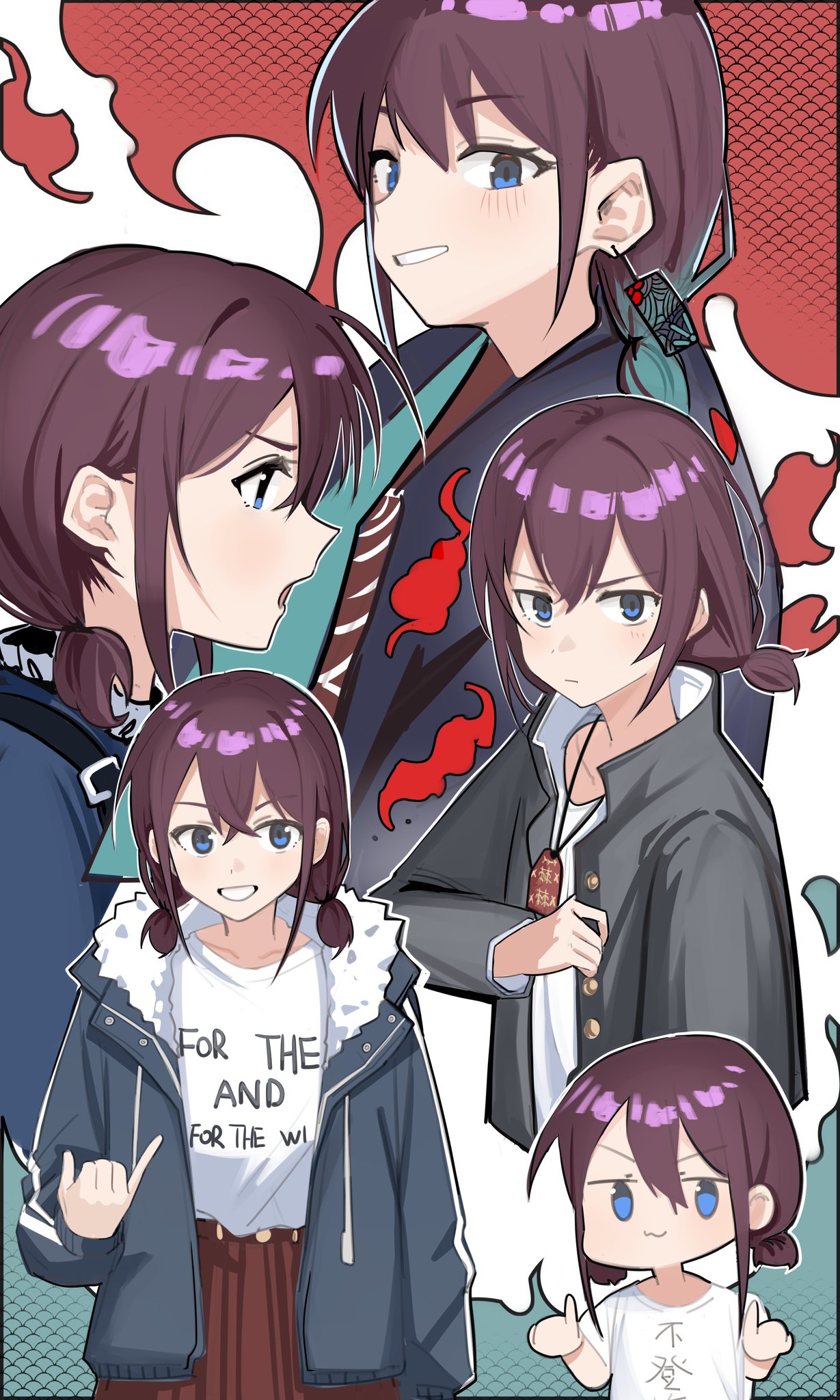 :3, black_jacket, blue_eyes, blue_hair, blue_haori, blue_jacket, blue_sweater, brown_hair
