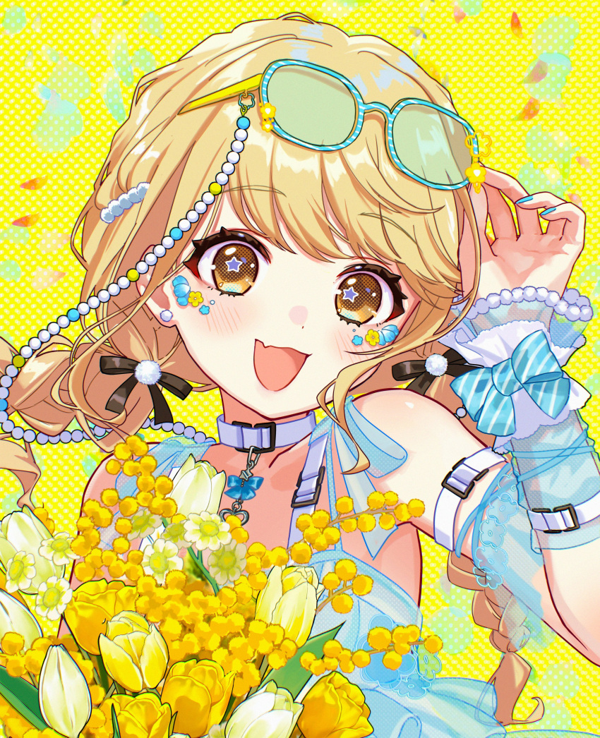 1girl, absurdres, bare_shoulders, blonde_hair, blush, bouquet, braid, byakko_creator