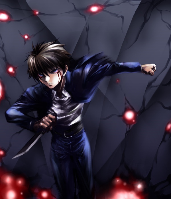 bad_id, blood, bloodshot_eyes, blue_eyes, knife, reverse_grip, school_uniform, tohno_shiki