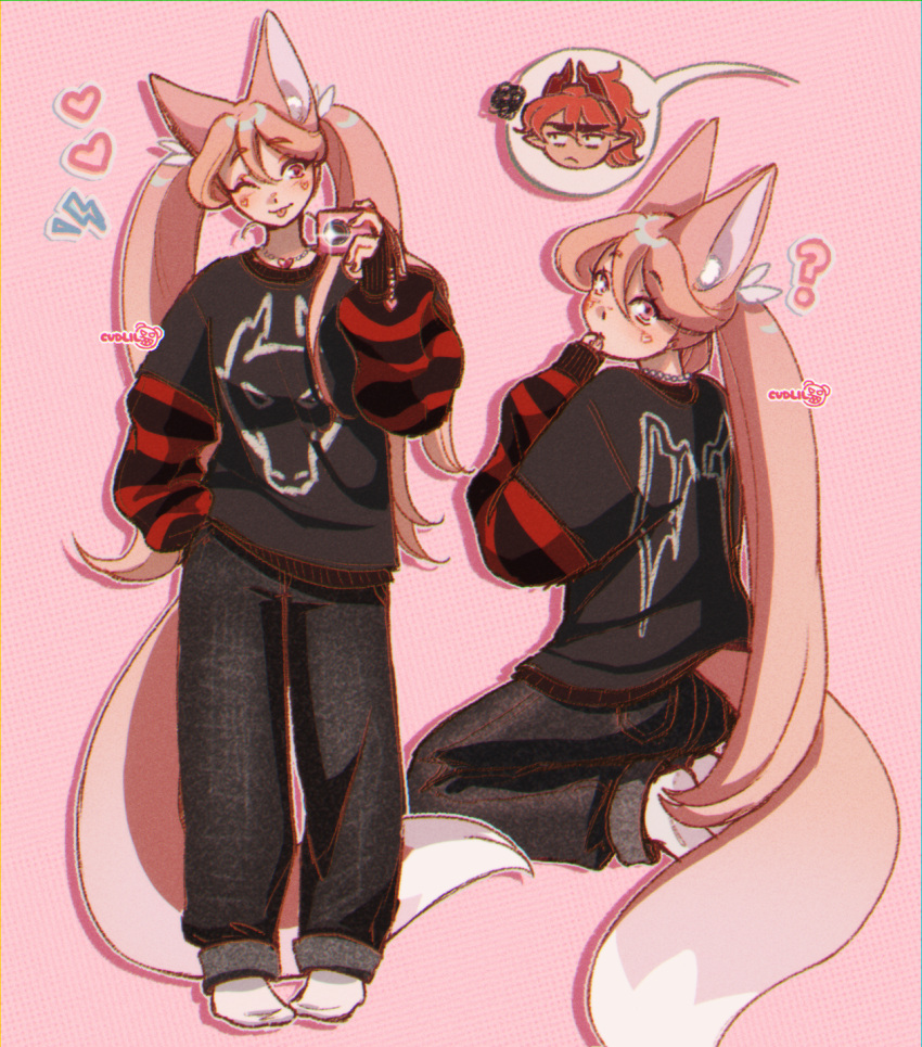 2girls, animal_ear_fluff, animal_ears, annoyed, arielle_(cudlil), artist_name, black_pants, black_shirt, blush, borrowed_clothes, brown_eyes, brown_hair, camera, cudlil, dani_(cudlil), english_commentary, fox_ears, fox_tail, glint, hair_between_eyes, head_tilt, heart, highres, holding, holding_camera, horns, lightning_bolt_symbol, long_hair, looking_at_viewer, multiple_girls, multiple_views, one_eye_closed, original, pants, pointy_ears, ponytail, redhead, seiza, shirt, sitting, smile, socks, soles, speech_bubble, squiggle, tail, twintails, very_long_hair, white_socks