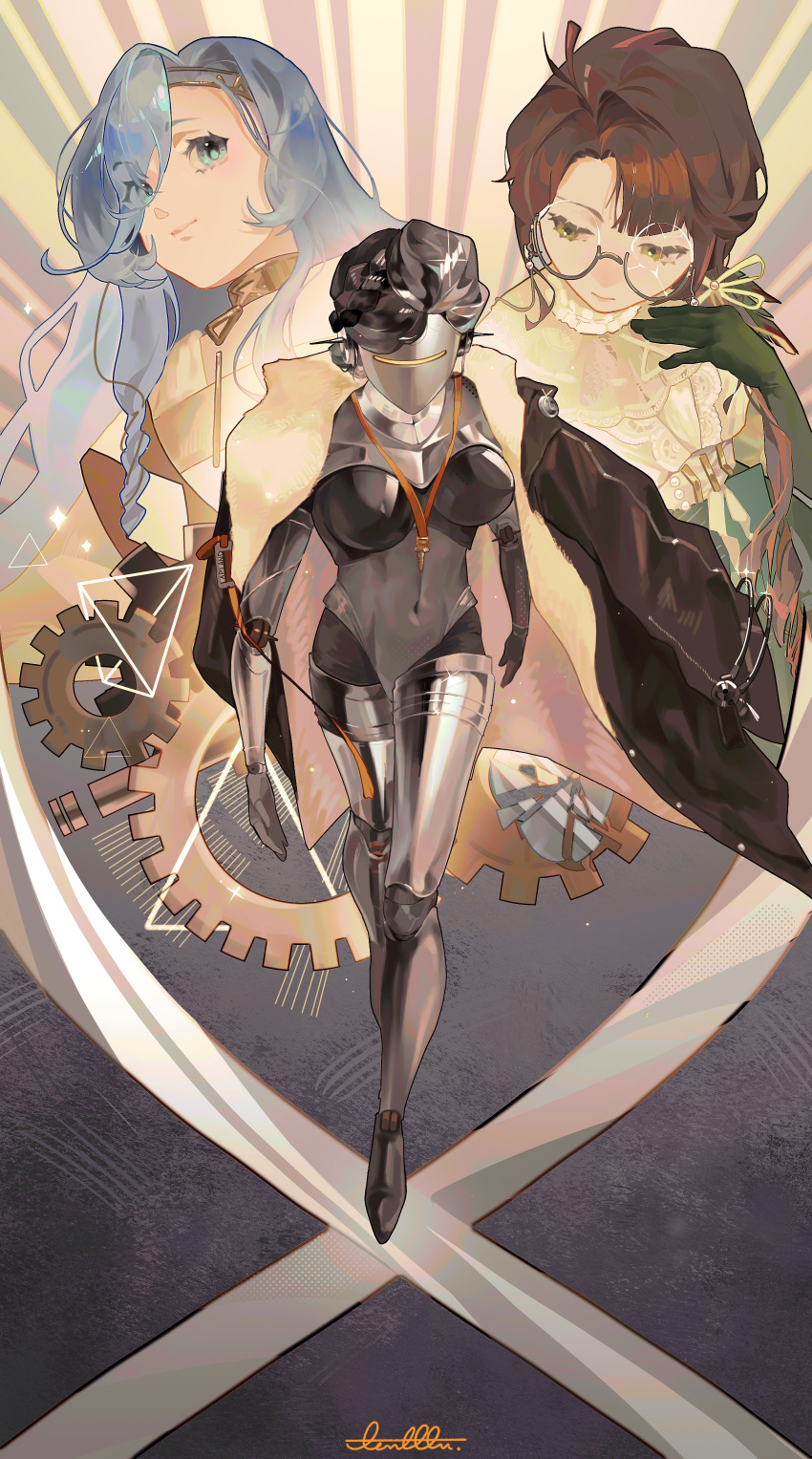 37_(reverse:1999), absurdres, black_coat, blue_eyes, blue_hair, breasts, broken_glass, brown_hair