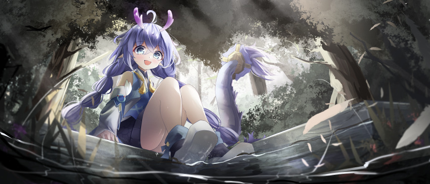 1girl, absurdres, ahoge, bailu_(honkai:_star_rail), blue_eyes, bush, chinese_clothes, dragon_girl, dragon_horns, dragon_tail, eyebrows_hidden_by_hair, flat_chest, forest, from_below, hair_between_eyes, highres, honkai:_star_rail, honkai_(series), horns, knees_up, long_hair, looking_at_viewer, nature, open_mouth, pointy_ears, pond, shi3, sitting, smile, solo, tail, tree, tree_shade, very_long_hair