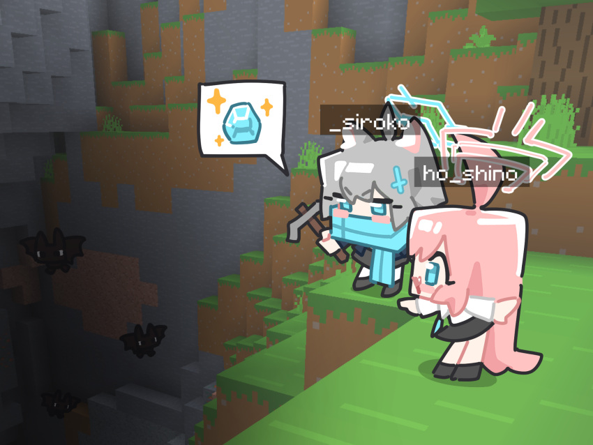 2girls, ahoge, animal_ears, aqua_scarf, bat_(animal), bat_(minecraft), black_footwear, black_skirt, blue_archive, blue_eyes, blue_halo, blush_stickers, character_name, chibi, chibi_only, commentary_request, cross, cross_hair_ornament, dark, day, diamond_(minecraft), fang, game_screenshot_background, grass, hair_ornament, halo, highres, holding, holding_pickaxe, hoshino_(blue_archive), huge_ahoge, inverted_cross, ishikoro24, korean_commentary, long_hair, long_sleeves, looking_ahead, minecraft, multiple_girls, open_mouth, outdoors, parody, pickaxe, pink_hair, pink_halo, pointing, profile, scarf, screenshot_background, shiroko_(blue_archive), shirt, skirt, sparkling_aura, speech_bubble, spoken_object, standing, tree, very_long_hair, white_shirt, wolf_ears, wolf_girl