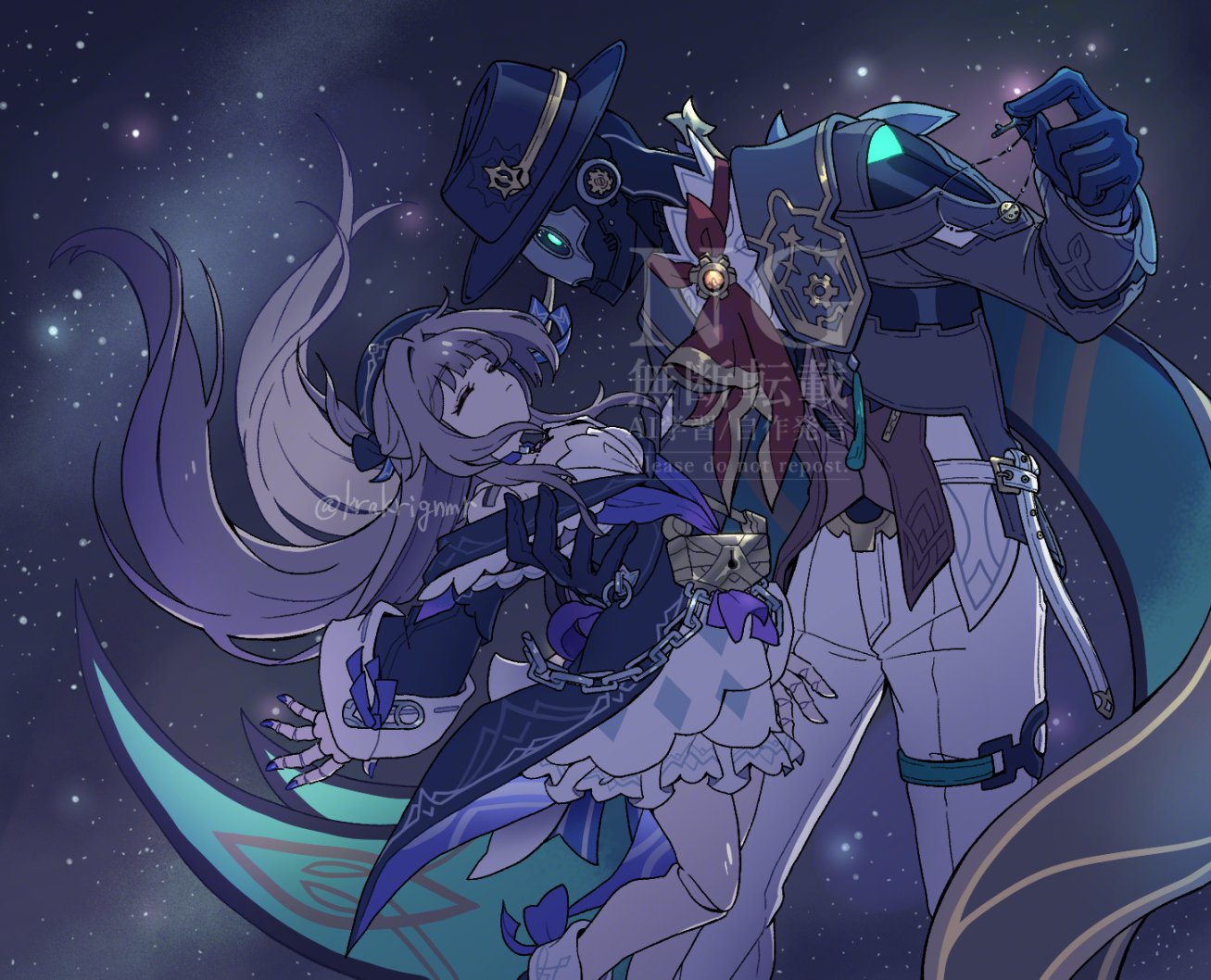 1boy, 1girl, android, ascot, badge, black_dress, black_gloves, black_hat