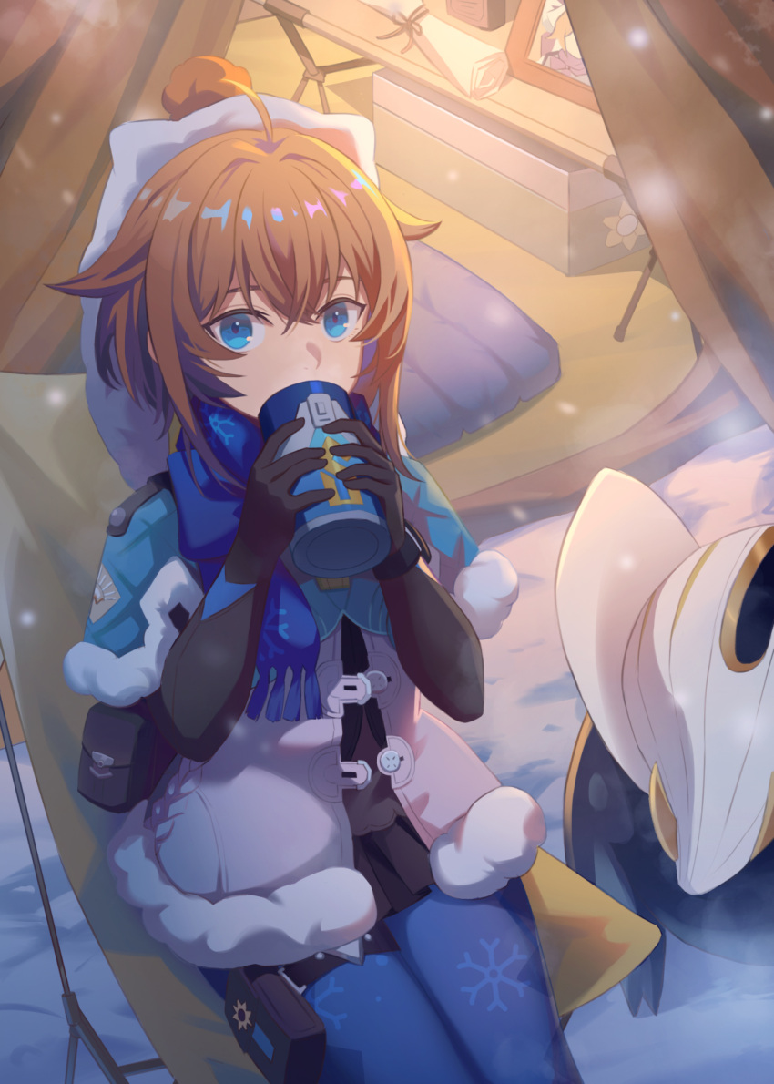 1girl, ahoge, black_gloves, blonde_hair, blue_capelet, blue_eyes, blue_thighhighs, camping_chair