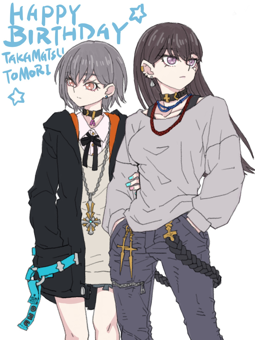 2girls, absurdres, bang_dream!, bang_dream!_it's_mygo!!!!!, black_choker, black_jacket, black_ribbon, blue_pants