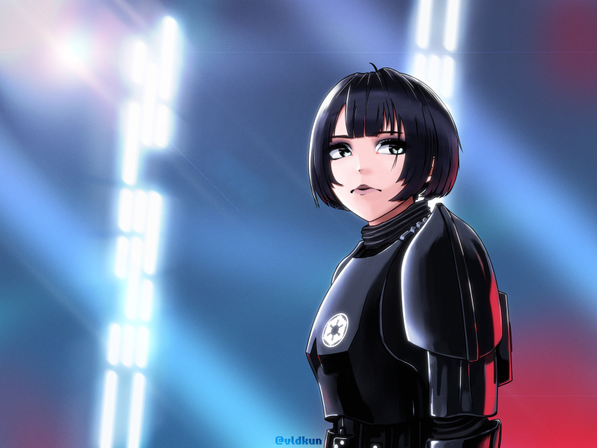 1girl, absurdres, black_hair, blurry, blurry_background, frown, galactic_empire_(star_wars), glowing