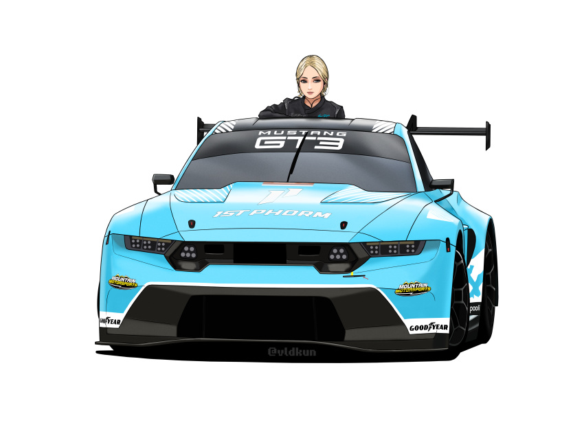 1girl, absurdres, black_shirt, blonde_hair, blue_car, brown_eyes, car, collared_shirt, earphones, earphones, english_commentary, ford, ford_mustang, ford_mustang_s650, goodyear, highres, looking_at_viewer, motor_vehicle, proton_competition, race_vehicle, racecar, shirt, solo, spoiler_(automobile), sponsor, vehicle_focus, vlad_kuzmin, world_endurance_championship