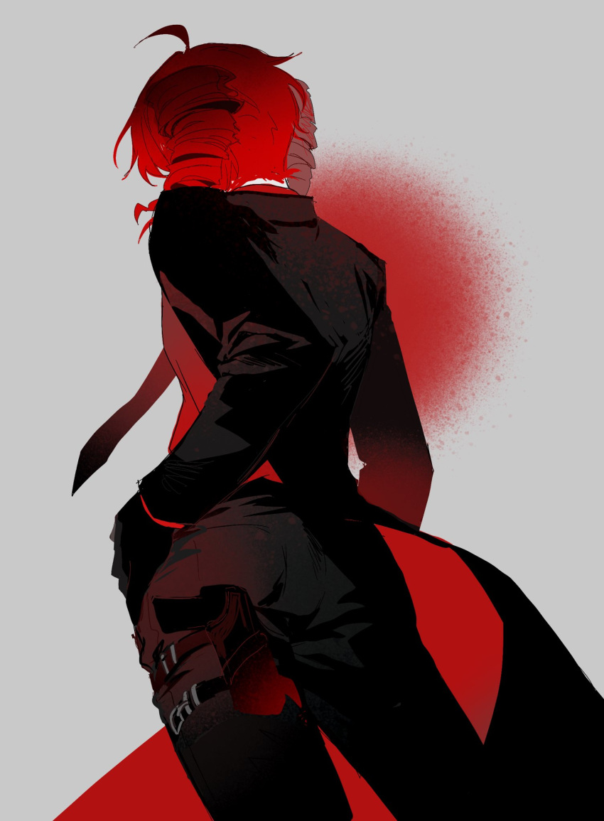 1girl, ahoge, belt, black_gloves, black_jacket, black_necktie, black_pants, cowboy_shot