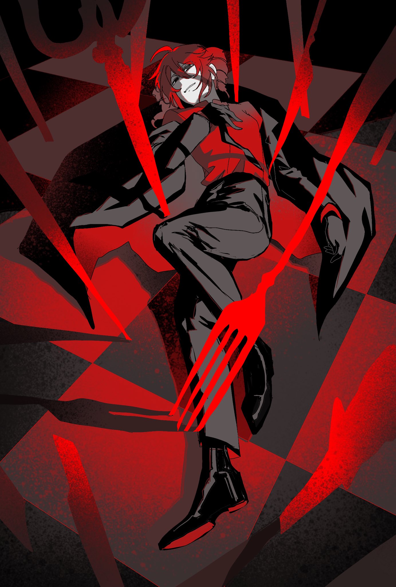 1girl, ahoge, alternate_costume, black_footwear, black_gloves, black_jacket, black_necktie, black_pants, collared_shirt, double-parted_bangs, drill_hair, flat_chest, fork, full_body, gloves, grin, hair_between_eyes, high_collar, highres, jacket, kasane_teto, killlb, long_sleeves, looking_at_viewer, lying, necktie, on_back, on_floor, open_clothes, open_jacket, open_mouth, pants, platform_footwear, red_eyes, red_shirt, redhead, shirt, shoes, sleeves_past_elbows, smile, solo, twin_drills, utau