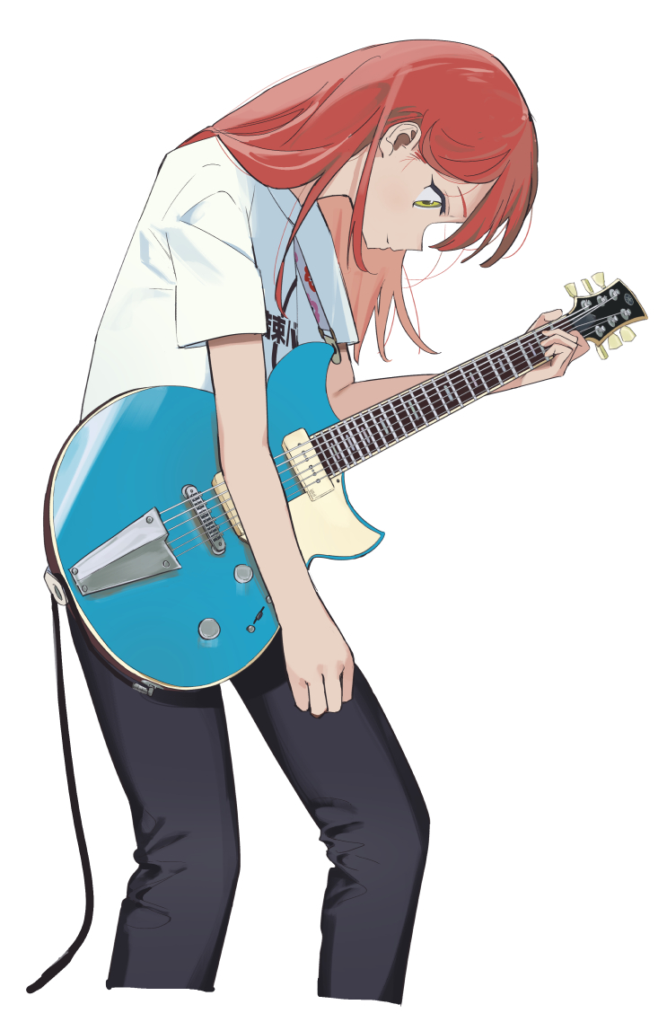 1girl, black_pants, bocchi_the_rock!, cable, closed_mouth, commentary, cropped_legs, electric_guitar