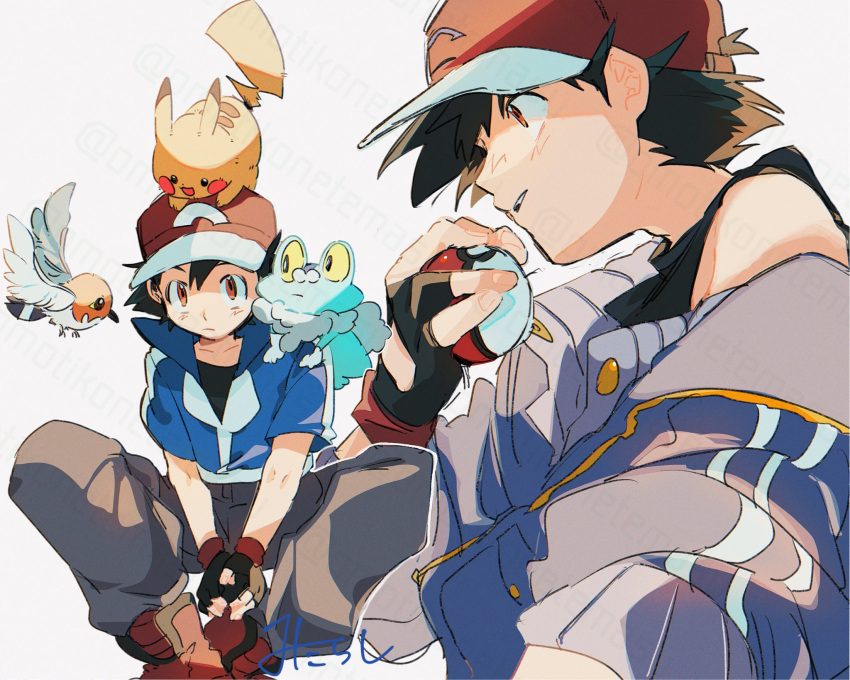 1boy, ash_ketchum, baseball_cap, black_gloves, black_hair, black_shirt, blue_jacket, brown_eyes
