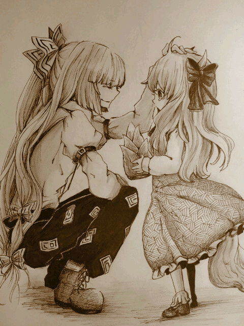 bad_id, bamboo_shoot, boots, child, coco_maru, ex-keine, fujiwara_no_mokou, hand_on_head, hat, hat_removed, horns, jpeg_artifacts, kamishirasawa_keine, long_hair, monochrome, multiple_girls, no_hat, no_headwear, pants, payot, petting, profile, smile, squatting, tail, tears, touhou, young