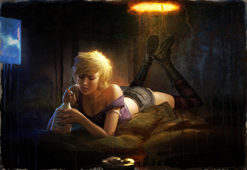 blonde_hair, boots, bottle, breasts, cleavage, dahlia_gillespie, dahlia_mason, heather_mason, lying, official_art, on_bed, on_stomach, realistic, short_hair, shorts, silent_hill, silent_hill:_shattered_memories, silent_hill_1, striped, striped_legwear, striped_thighhighs, thigh-highs, thighhighs