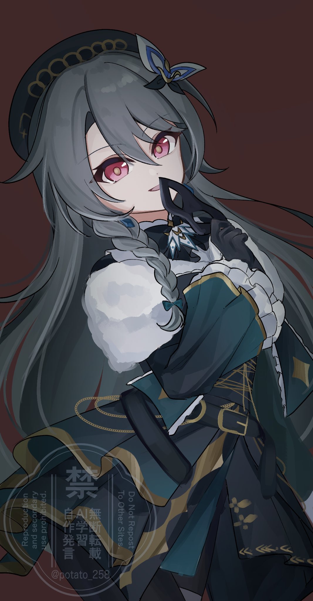 1girl, belt, black_belt, black_gloves, black_hat, braid, brown_background, capelet