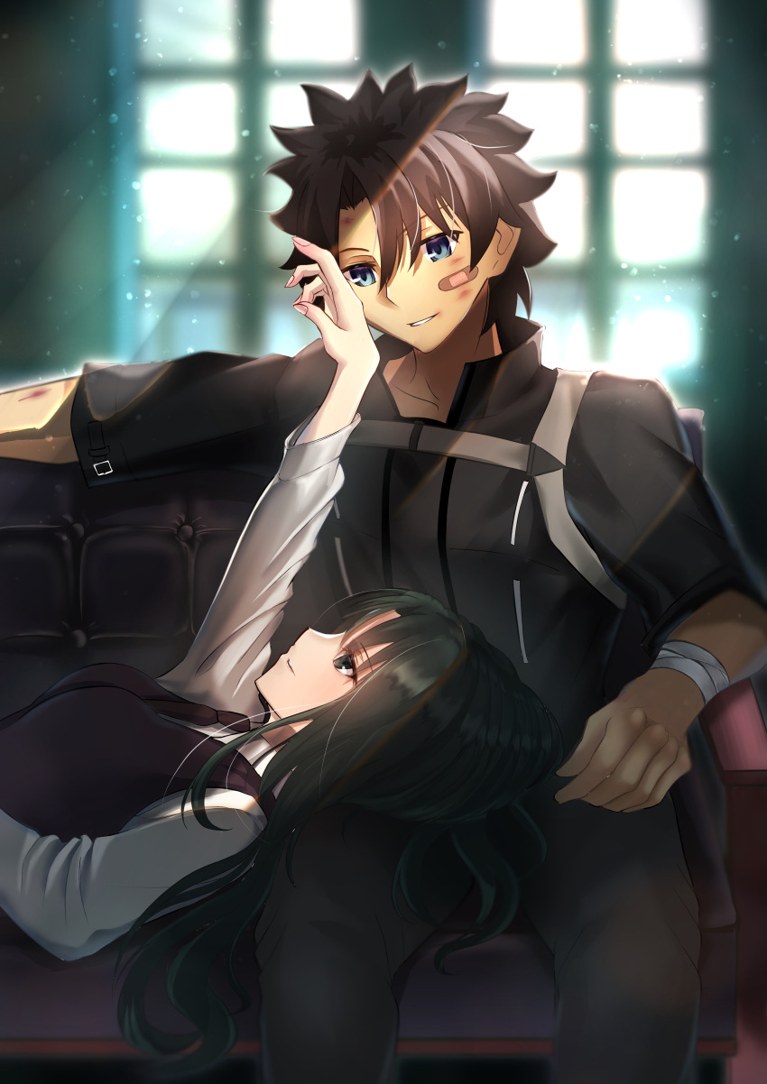 1boy, 1girl, absurdres, bandaid, bandaid_on_face, black_hair, blue_eyes, couch