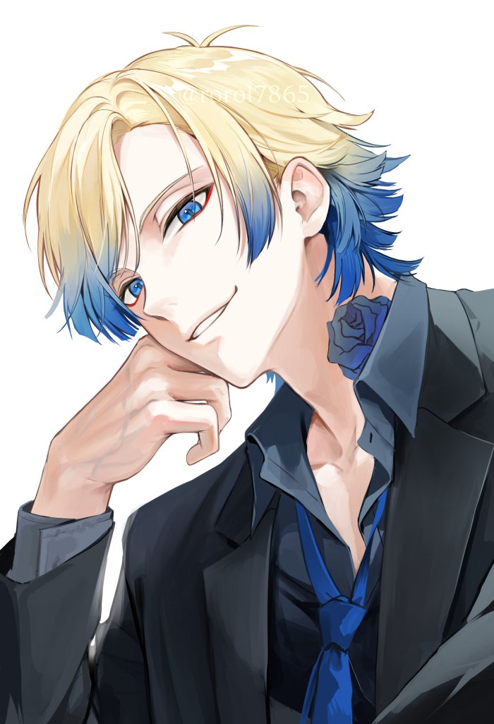 1boy, black_jacket, black_shirt, black_suit, blonde_hair, blue_eyes, blue_flower, blue_hair, blue_lock, blue_necktie, blue_rose, eyeliner, flower, formal_clothes, jacket, looking_at_viewer, makeup, male_focus, michael_kaiser, multicolored_hair, neck_tattoo, necktie, red_eyeliner, rorol7865, rose, shirt, simple_background, smirk, solo, suit, tattoo, upper_body, white_background