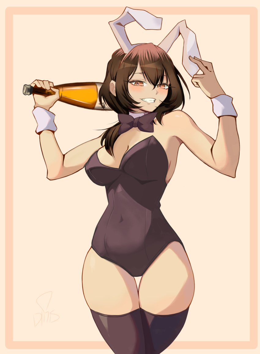 1girl, absurdres, alcohol, alternate_costume, animal_ears, blush, bonnouji_momoha, bottle