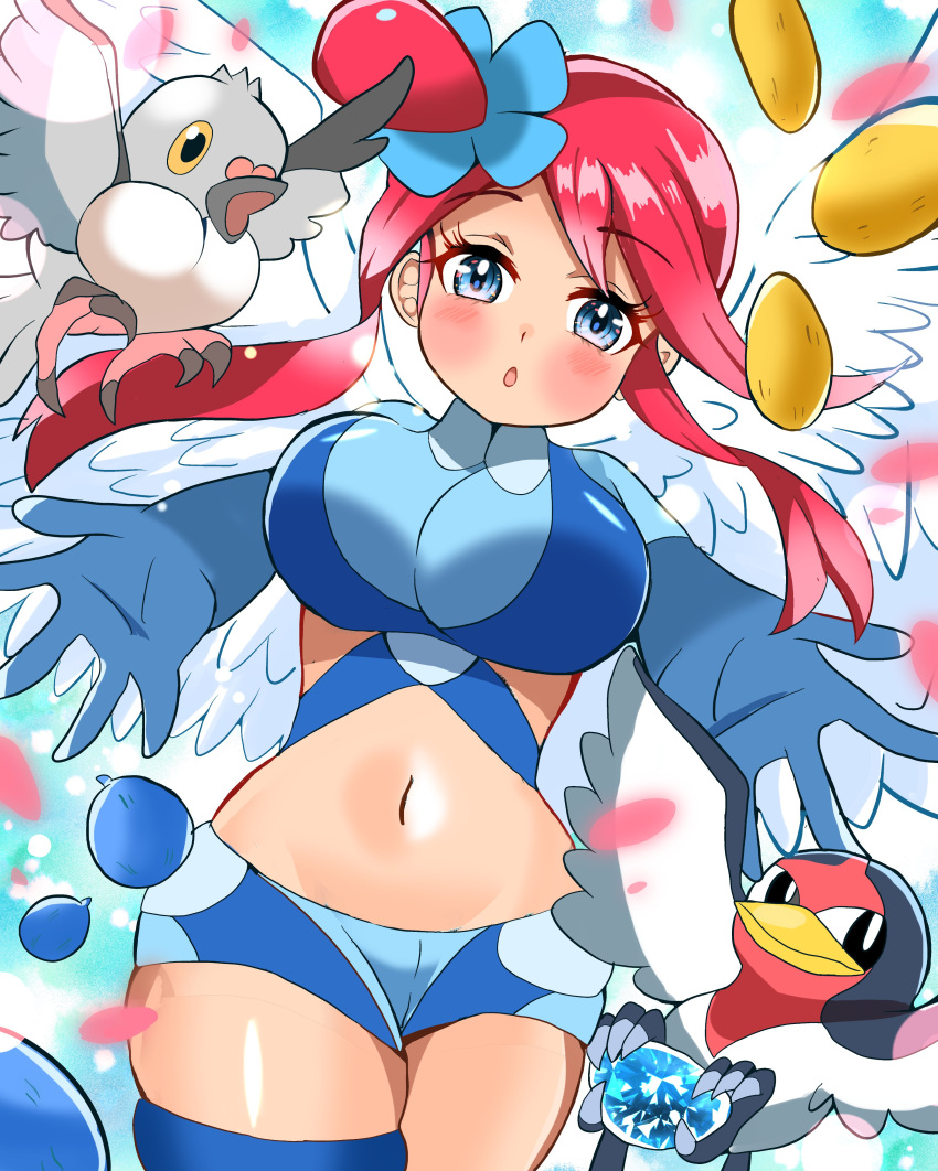 1girl, :o, absurdres, blue_eyes, blue_gloves, blue_shirt, blue_shorts, blush