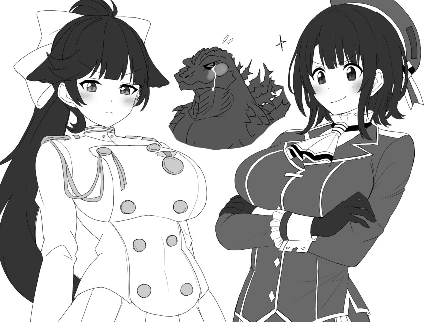 2girls, azur_lane, beret, breasts, crossed_arms, dress, gloves, godzilla
