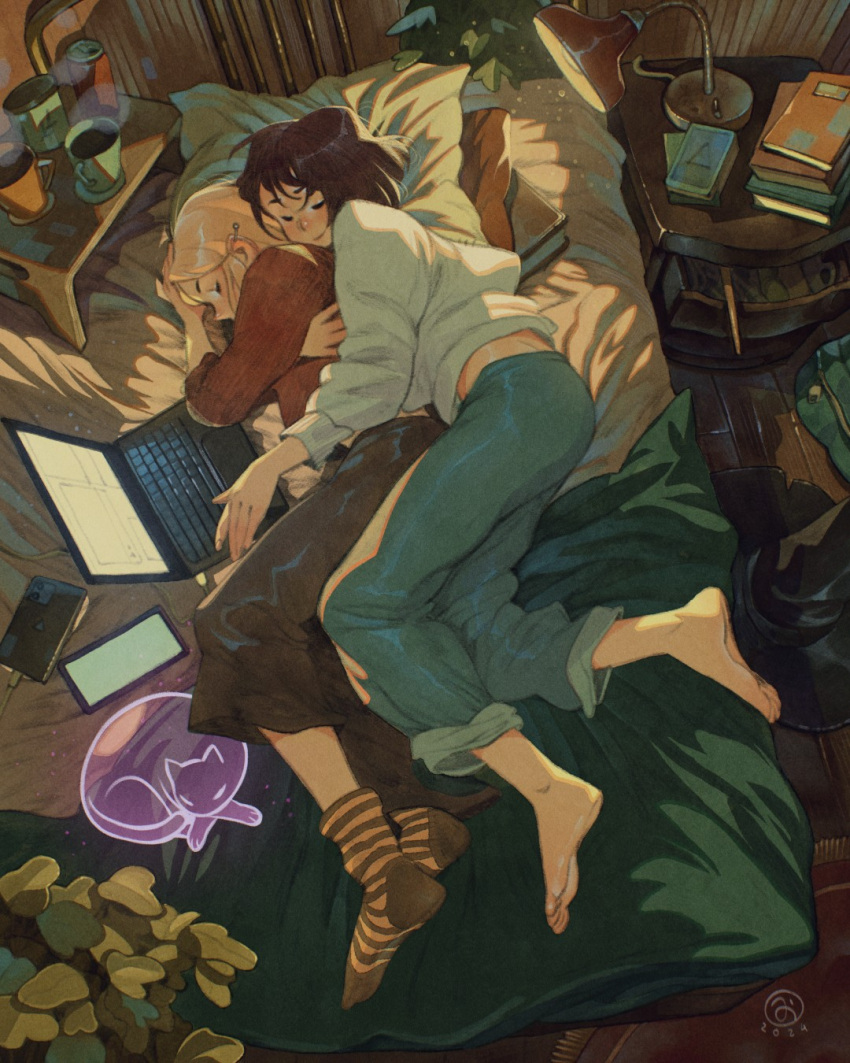 2girls, barefoot, bedroom, black_skirt, blonde_hair, blue_pants, book, brown_hair