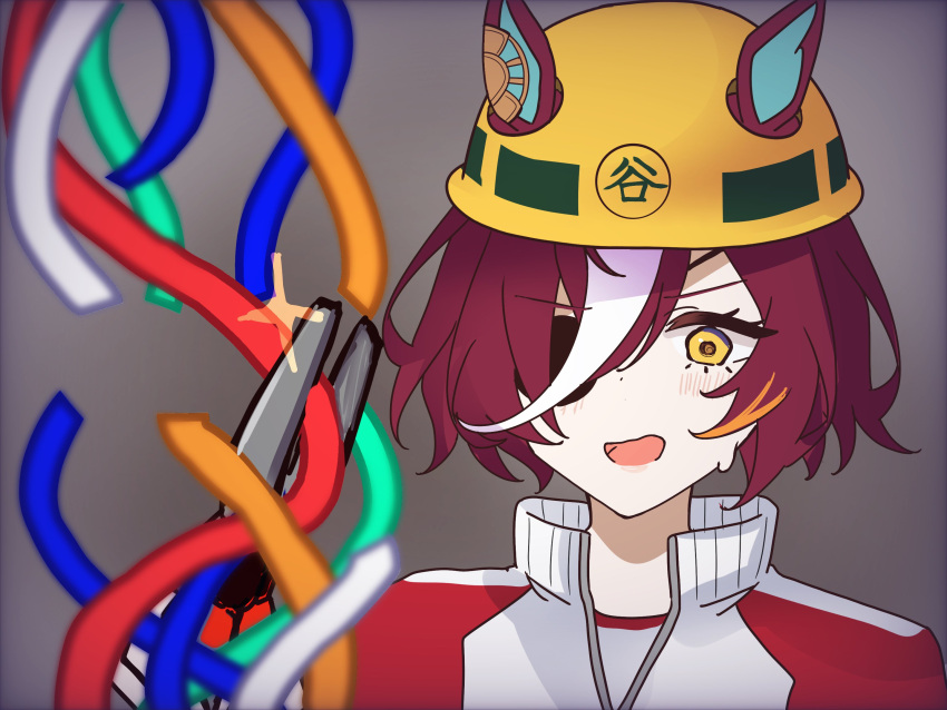 1girl, alternate_costume, animal_ears, blurry, blurry_foreground, blush, defusing, eyepatch, grey_hair, hair_between_eyes, hair_ornament, helmet, highres, jacket, looking_at_viewer, medium_hair, pitsugi, simple_background, solo, sweat, tanino_gimlet_(umamusume), track_jacket, umamusume, wire, wire_cutters, yellow_eyes