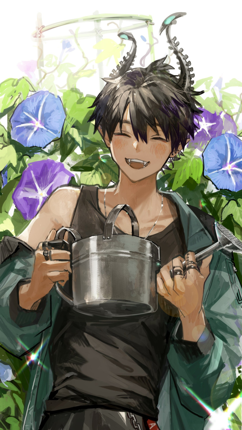 1boy, absurdres, arms_up, asymmetrical_horns, black_hair, black_horns, black_pants, black_tank_top