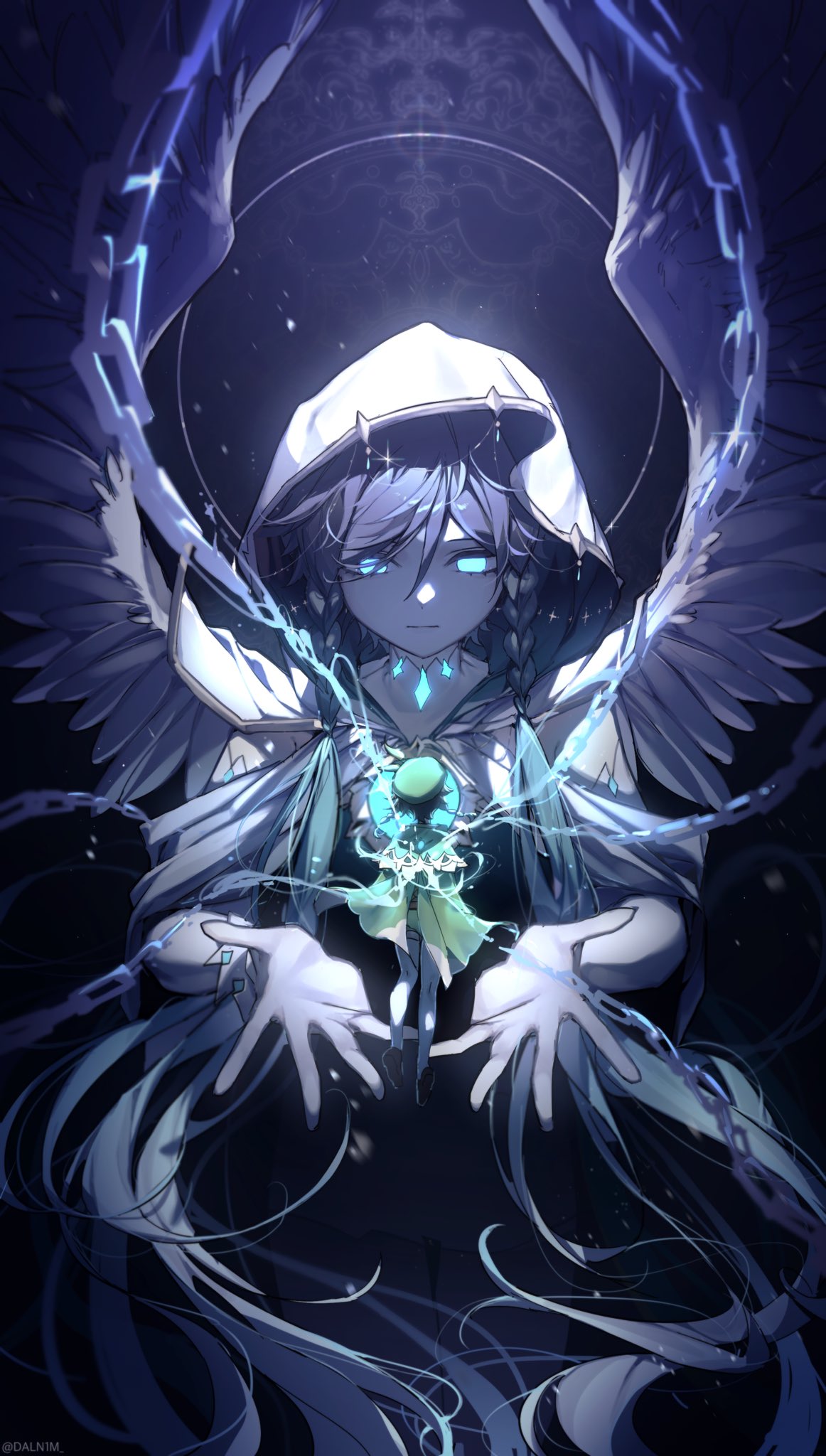 1boy, androgynous, beret, blue_eyes, braid, brown_footwear, cape, chain, daln1m, feathered_wings, genshin_impact, glowing, glowing_eyes, green_cape, green_hat, green_shorts, hat, highres, jewelry, long_hair, male_focus, necklace, shoes, shorts, solo, statue, twin_braids, venti_(genshin_impact), wings