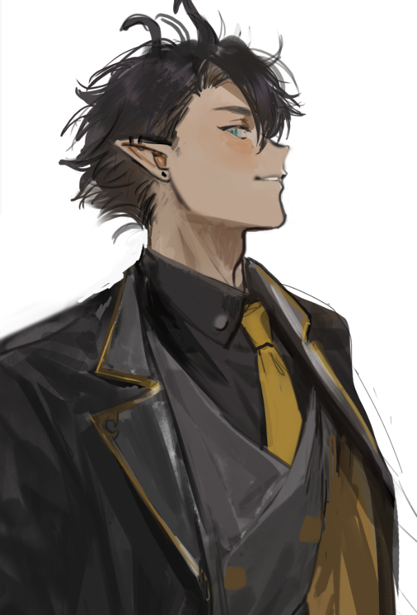 1boy, aqua_eyes, black_hair, black_jacket, black_shirt, collared_shirt, ear_piercing, earrings