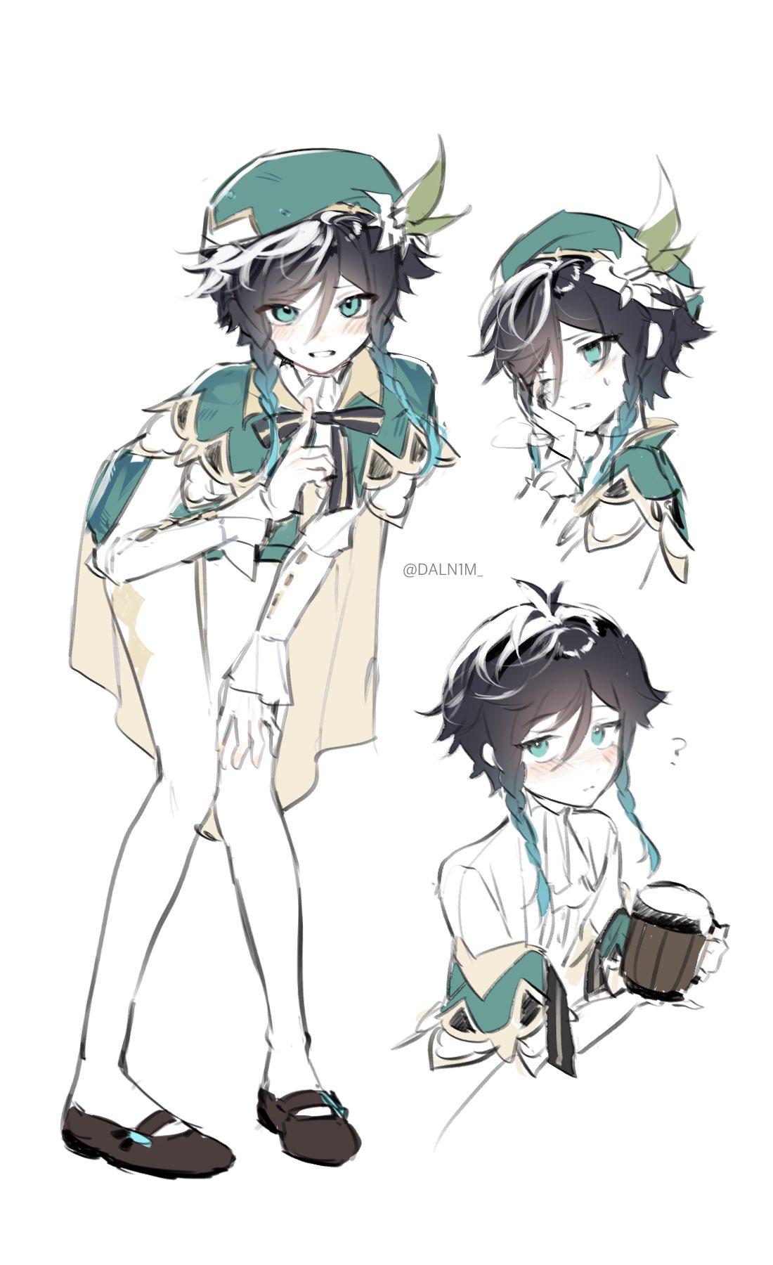 1boy, androgynous, beret, black_hair, blue_hair, blush, braid, brown_footwear, cape, closed_mouth, collared_cape, daln1m, flower, genshin_impact, gradient_hair, green_cape, green_eyes, green_hat, green_shorts, hat, hat_flower, head_tilt, highres, long_sleeves, looking_at_viewer, male_focus, multicolored_hair, one_eye_closed, shirt, short_hair_with_long_locks, short_shorts, shorts, simple_background, smile, solo, sweatdrop, twin_braids, venti_(genshin_impact), white_background, white_flower, white_shirt