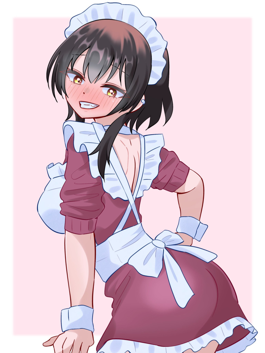 1girl, alternate_costume, blush, bonnouji_momoha, brown_hair, earrings, fang, frills