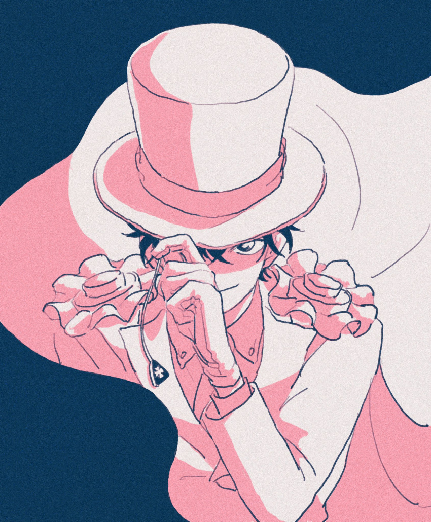 1boy, black_background, cape, closed_mouth, collared_shirt, gloves, hat, highres