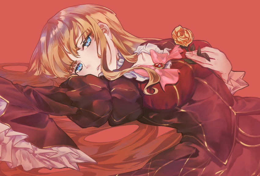 1girl, beatrice_(umineko), blonde_hair, blue_eyes, brown_dress, dress, expressionless, flower