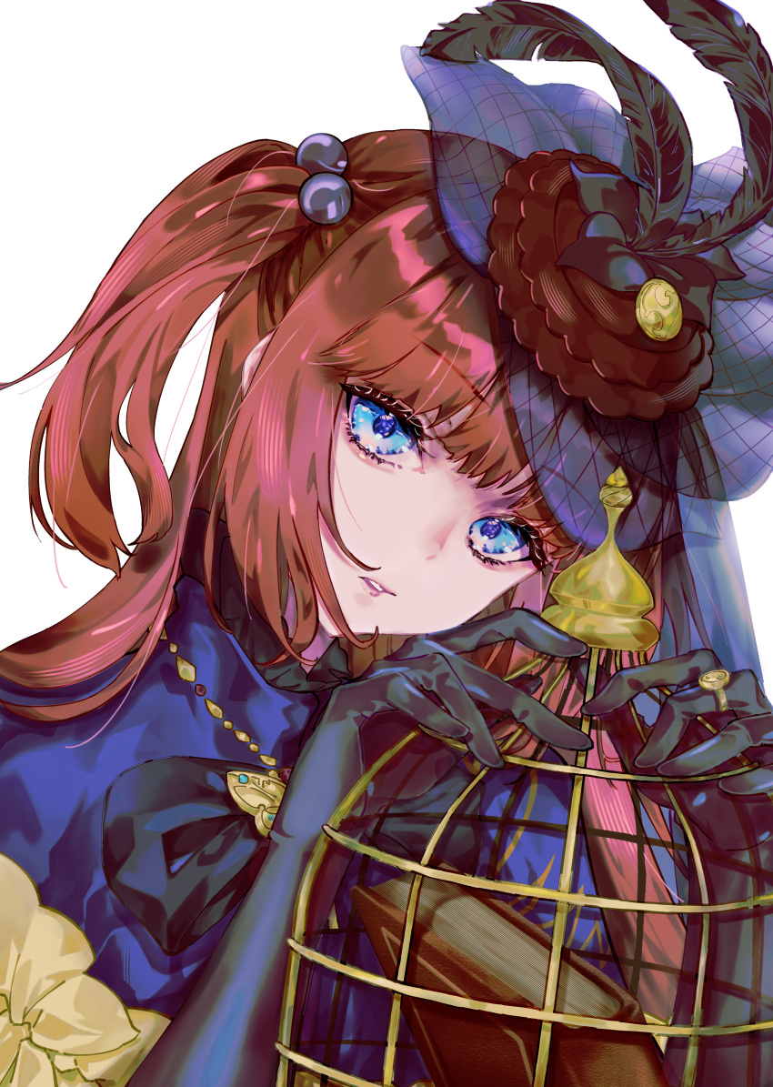 1girl, absurdres, black_gloves, book, cage, expressionless, gloves, hair_between_eyes