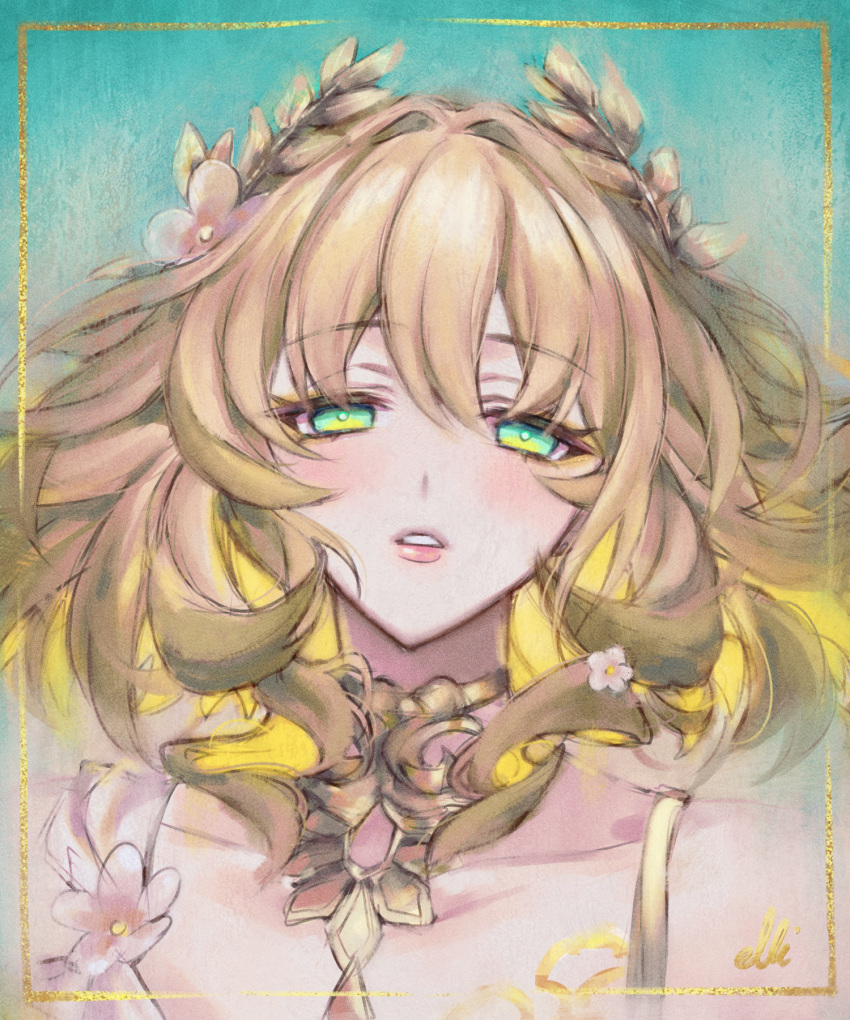 1girl, aglaea_(honkai:_star_rail), bare_shoulders, blonde_hair, blunt_bangs, collarbone, commentary, curly_hair