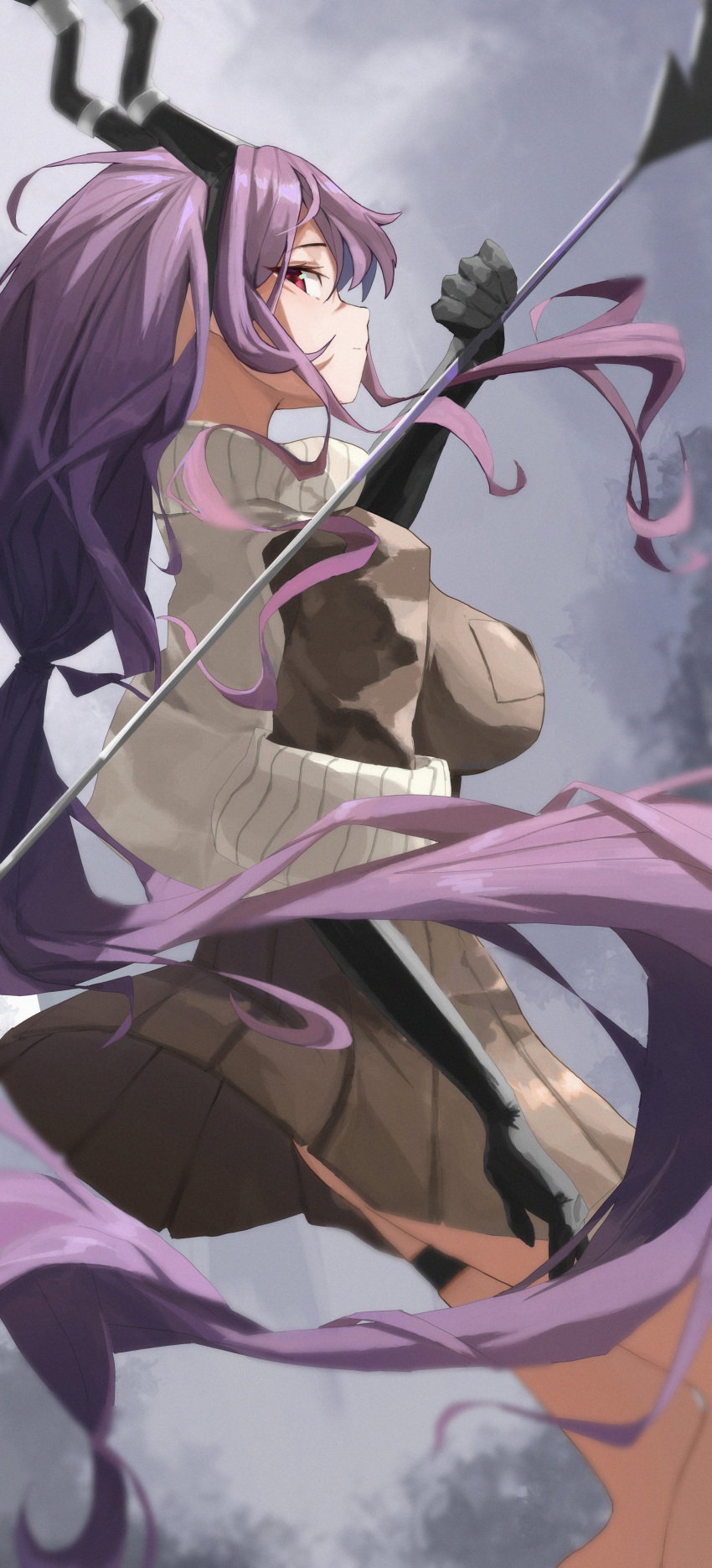 1girl, absurdres, arknights, arm_up, black_gloves, black_horns, brown_dress, chinese_commentary