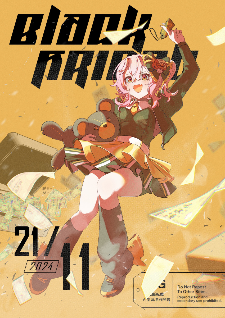 1girl, :d, absurdres, banknote, bealouis_illu, black_friday, black_jacket, bow