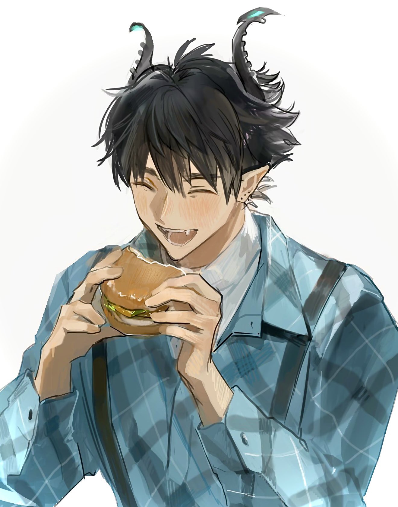1boy, arms_up, asymmetrical_horns, black_hair, black_horns, blue_shirt, blush, burger
