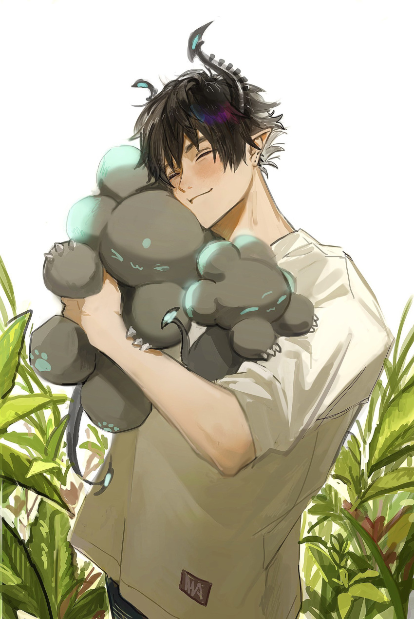 1boy, ^_^, absurdres, asymmetrical_horns, black_hair, black_horns, black_pants, black_skin