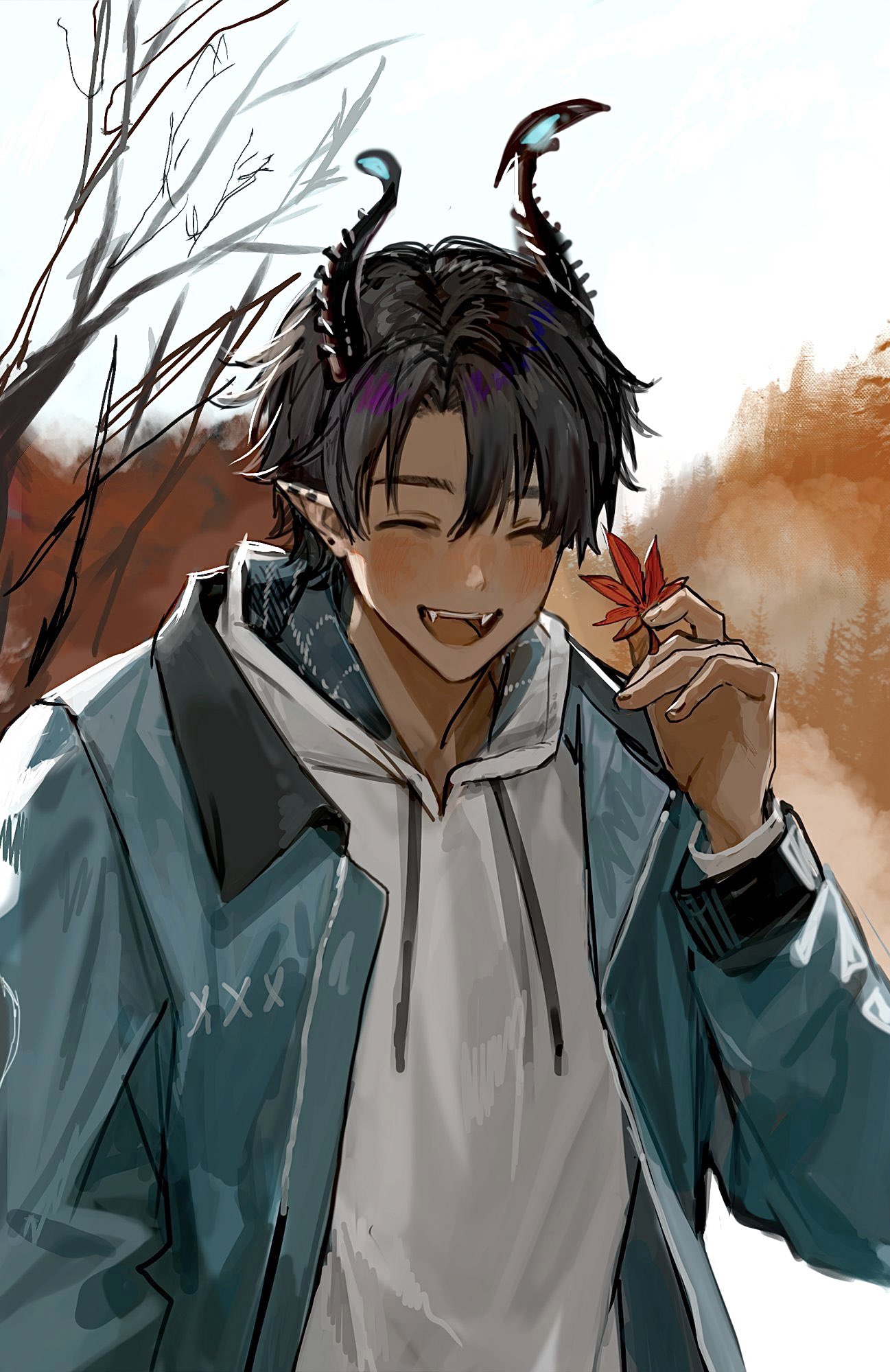 1boy, arm_up, asymmetrical_horns, autumn, autumn_leaves, bare_tree, black_hair, black_horns