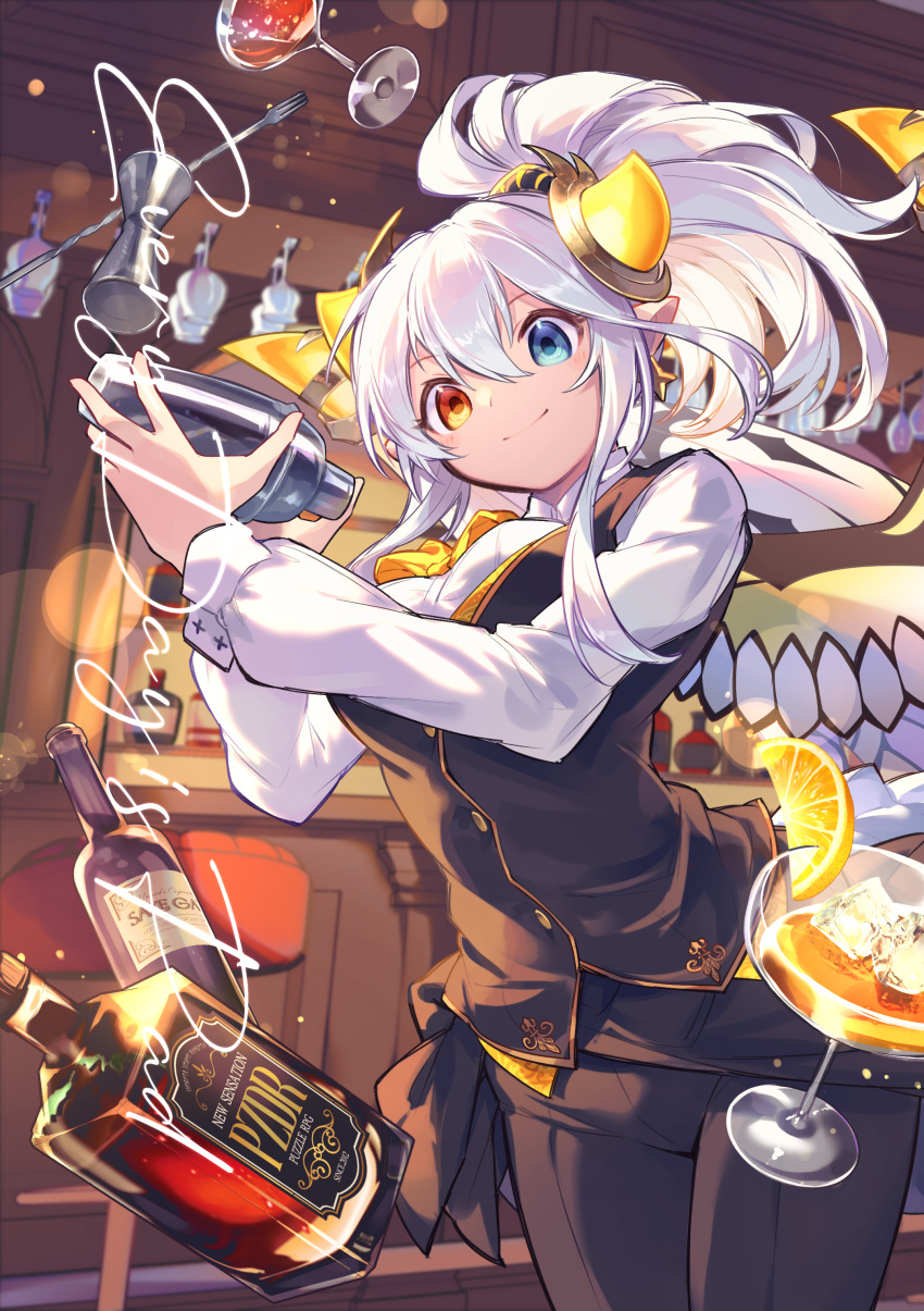 1girl, absurdres, alcohol, bar_(place), bartender, black_pants, black_vest, blue_eyes