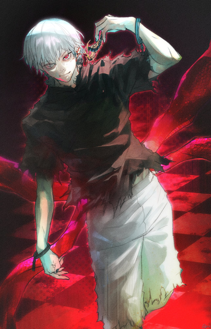 1boy, ammenite, black_shirt, broken_handcuffs, bug, centipede, checkered_background, checkered_floor, cuffs, glowing, glowing_eye, handcuffs, heterochromia, highres, kaneki_ken, pants, red_eyes, shirt, shorts, solo, tokyo_ghoul, torn_clothes, white_hair, white_pants