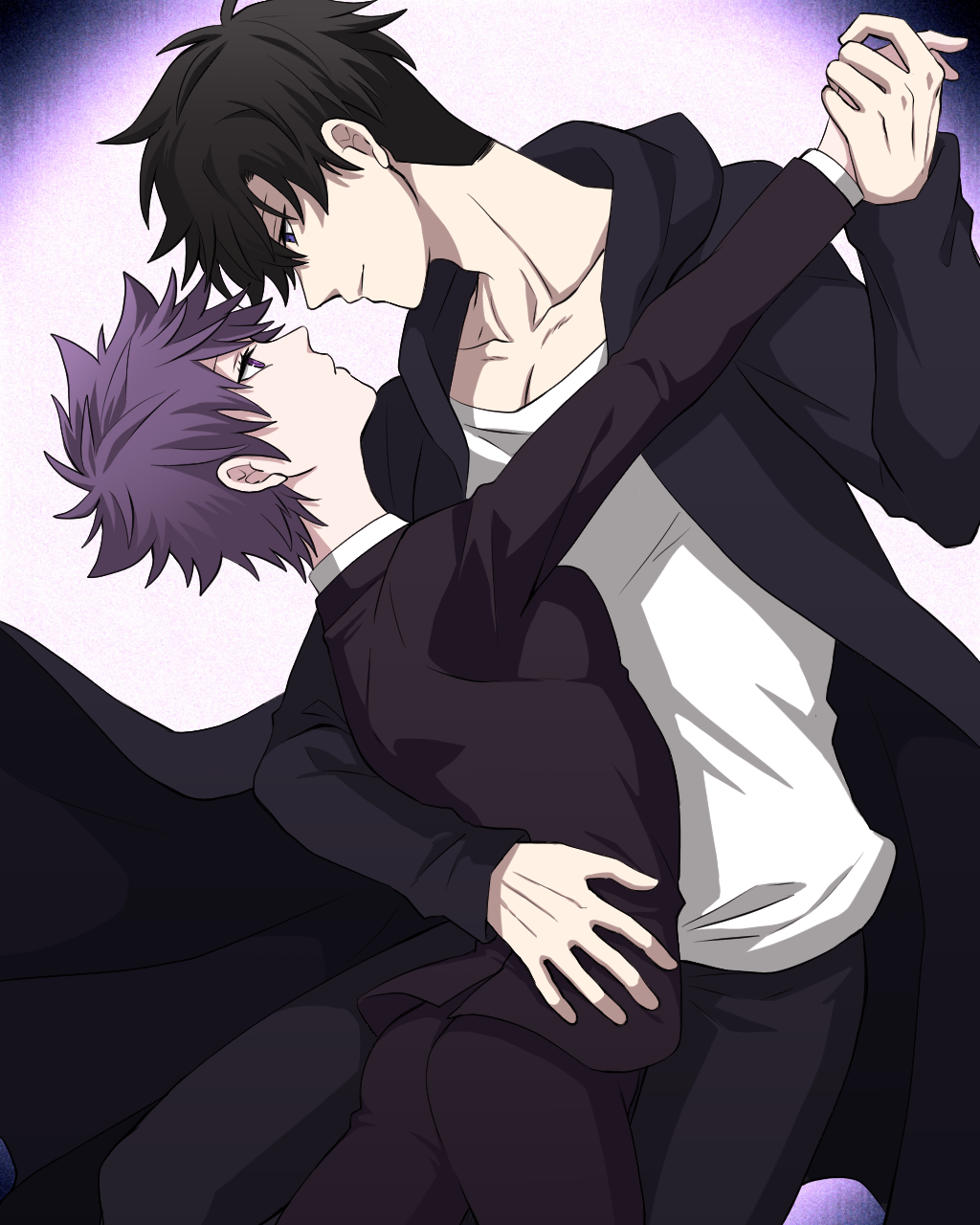 1boy, 1girl, arm_around_waist, ass, black_jacket, black_pants, black_suit, blue_eyes, closed_mouth, collarbone, couple, dancing, eyelashes, film_grain, floating_clothes, genderswap, genderswap_(mtf), gradient_background, hair_between_eyes, hetero, highres, jacket, kang_tae-shik, long_sleeves, looking_at_another, na2tu7, pants, partially_shaded_face, purple_background, purple_hair, shirt, short_hair, solo_leveling, suit, suit_jacket, undercut, violet_eyes, white_background, white_shirt