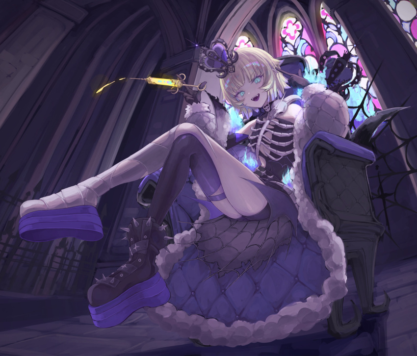 1girl, aqua_eyes, arms_up, bandage_on_leg, bandages, black_crown, black_skirt, blonde_hair, blue_fire, bone_ornament, coat, commentary_request, crown, ear_ornament, ear_piercing, fangs, fire, full_body, fur-trimmed_coat, fur_trim, gun, handgun, heart-shaped_ornament, heart_crown, highres, holding, holding_syringe, indie_utaite, looking_at_viewer, medium_hair, multicolored_hair, open_clothes, open_mouth, osobachan, piercing, pointing, pointing_at_self, purple_hair, ribs, single_thighhigh, sitting, sitting_on_throne, skirt, skull_ornament, slit_pupils, solo, spiked_boots, syringe, teeth, thigh-highs, throne, tongue, tug_(utaite), upper_teeth_only, utaite, weapon