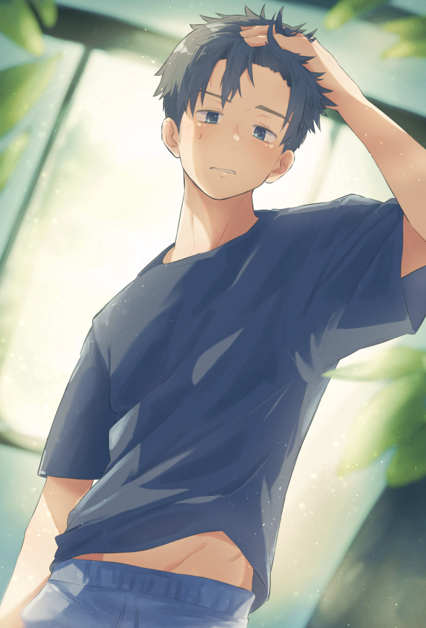 1boy, absurdres, black_shirt, blue_pants, blurry, blurry_background, dutch_angle, hand_in_own_hair