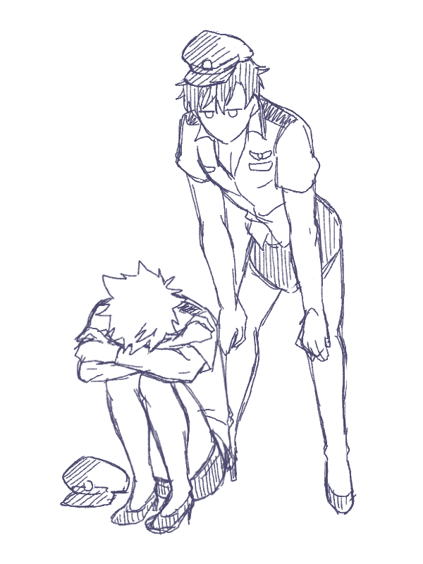 2boys, arms_on_knees, closed_mouth, collared_shirt, crossdressing, faceless, hair_between_eyes, hat
