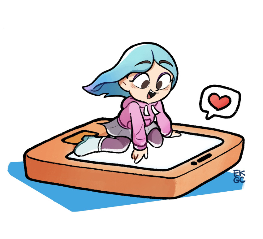 1girl, andrea_davenport, artist_name, blue_hair, blush, brown_eyes, chibi, elfkinggolfclub, heart, highres, hood, hoodie, light_blue_hair, long_hair, multicolored_hair, open_mouth, pantyhose, pink_hoodie, skirt, smile, streaked_hair, the_ghost_and_molly_mcgee, toon_(style)