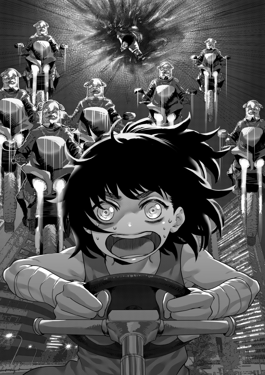 1girl, absurdres, animal_hat, biker_clothes, black_hair, chandra_hume_(choujin_x), chasing, choujin_x